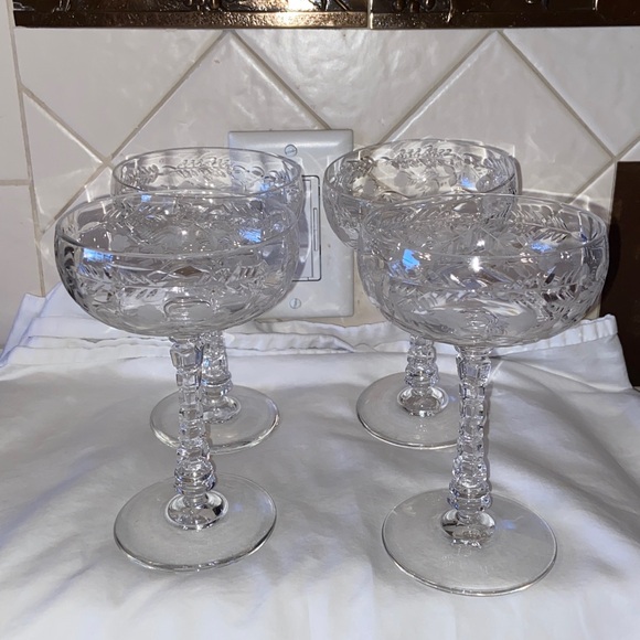 Vintage Set of 4 Rock Sharpe Glasses Champagne Liquor Floral etched.
